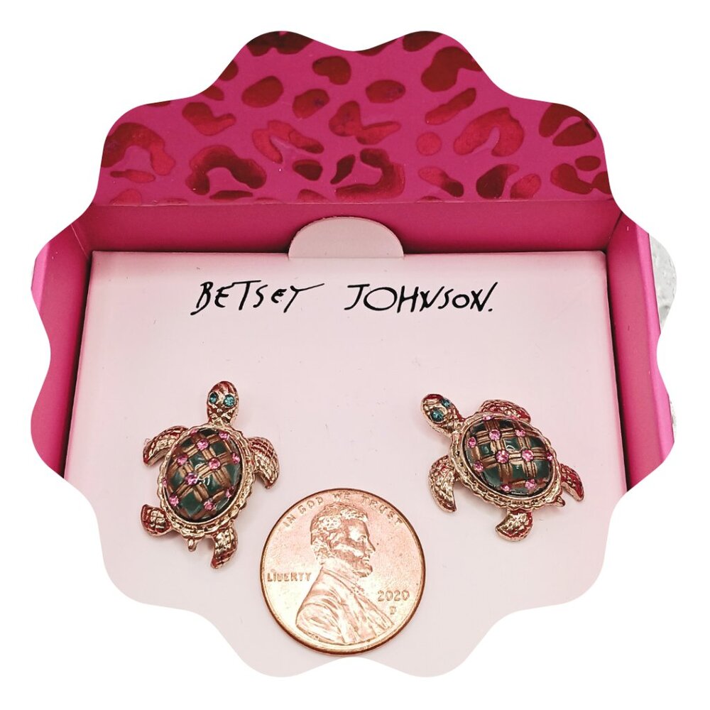 Betsey Johnson Stud Gold Tone Turtle Earrings w/Raised Green shell, & pink. - Picture 4 of 12